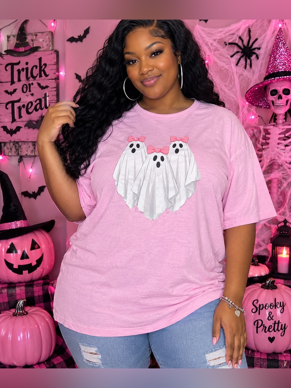 Bioworld Pink Short-Sleeve Tee with Ghost Trio and Bows Ptp23"